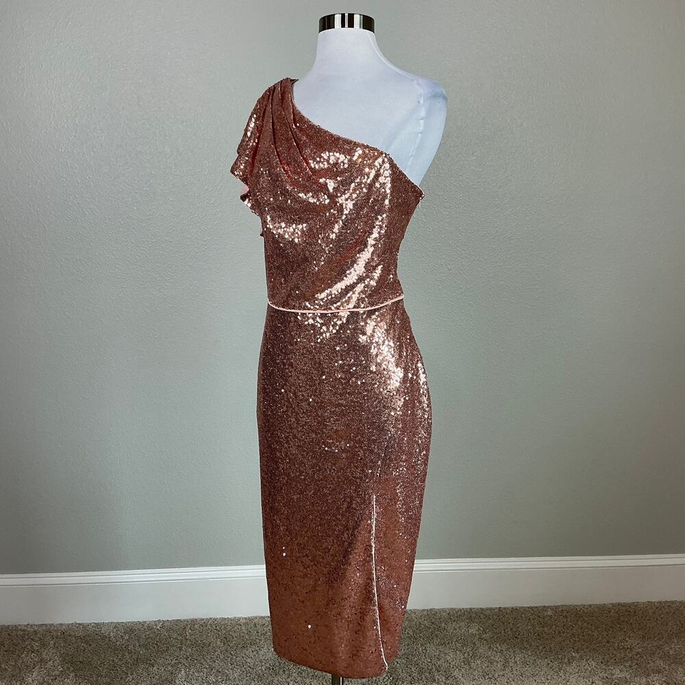 Mac Duggal 71062 Rose Gold Cocktail Dress Sequin One Shoulder Sheath Size 12 - Picture 4 of 13